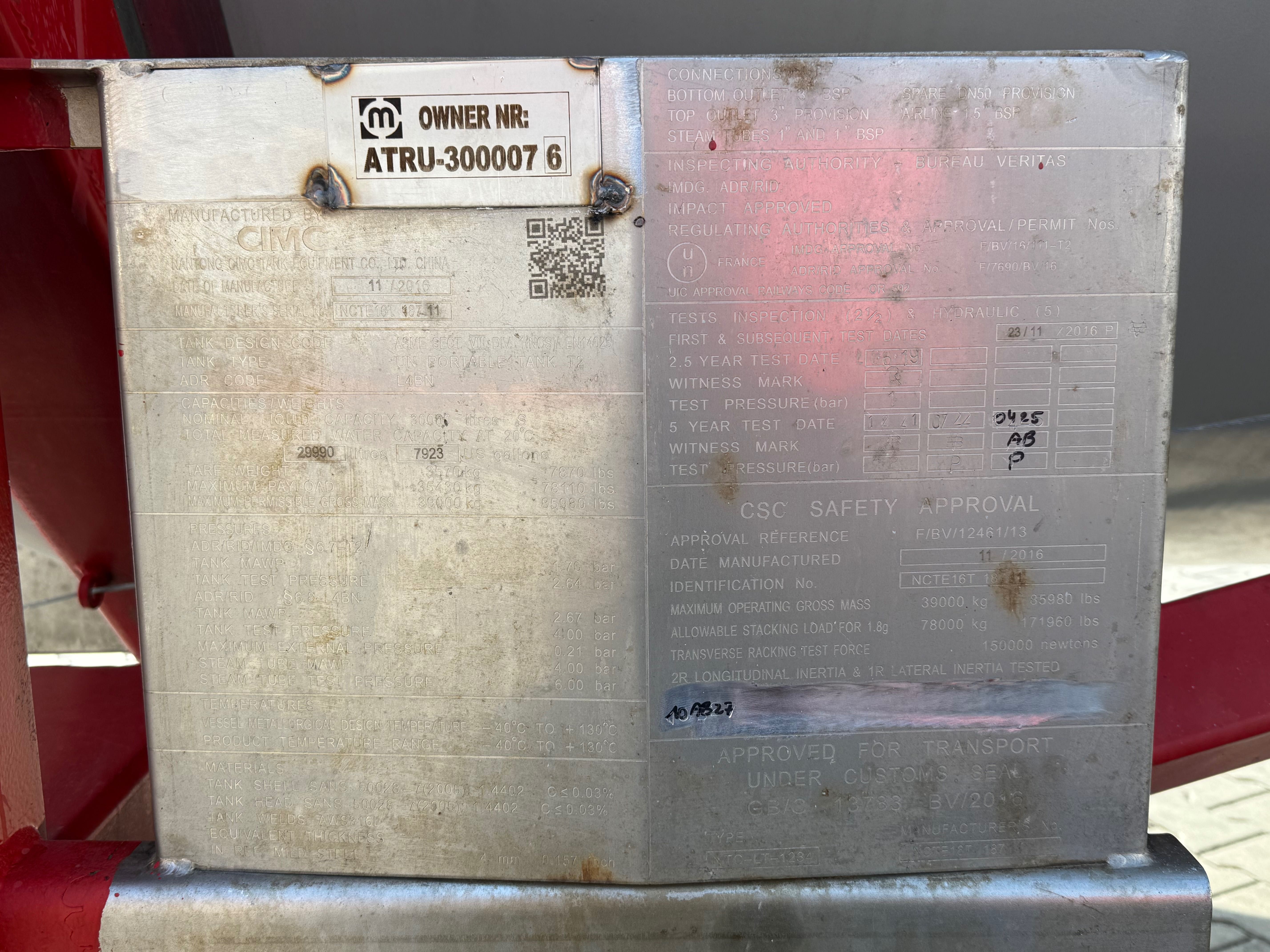 Tank kontener, cysterna 30.000 ltr ADR L4BN, 2016 rok