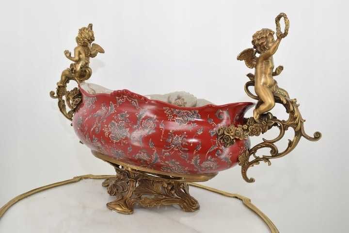 Ogromna Patera Pałacowa - Porcelana + Brąz - Czerwona - Anioły Amory