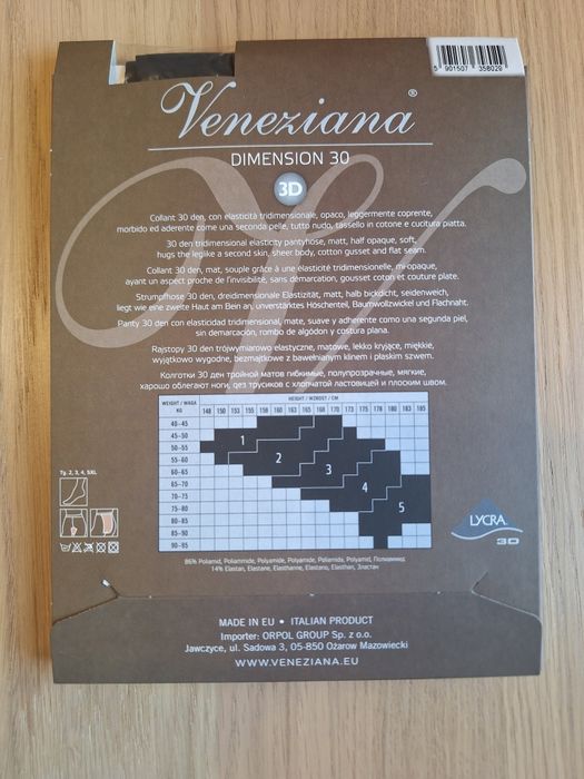 Rajstopy kryjące Veneziana 3D 30 DEN, rozmiar 4L, kolor czarny