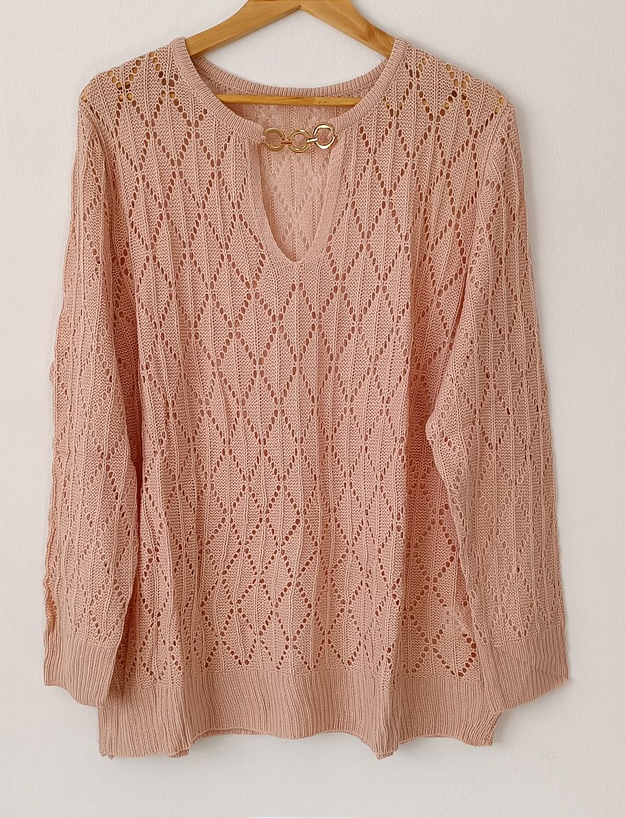 NOWY elegancki ażurowy sweter r. 4 XL z łańcuchem - lotosowy róż