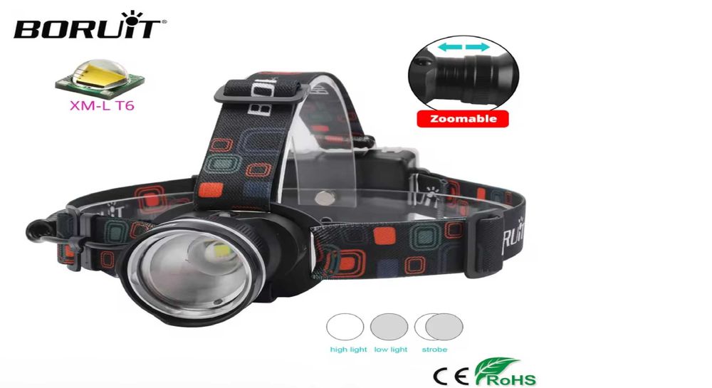 Мощный водонепроницаемый налобный фонарь BORUiT Zoom Headlamp LED