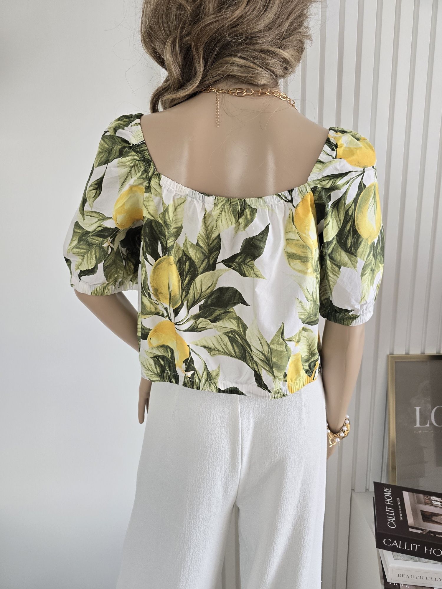 Bluzka kwiaty crop top 38 M bawełna H&M cytryny marszczona letnia