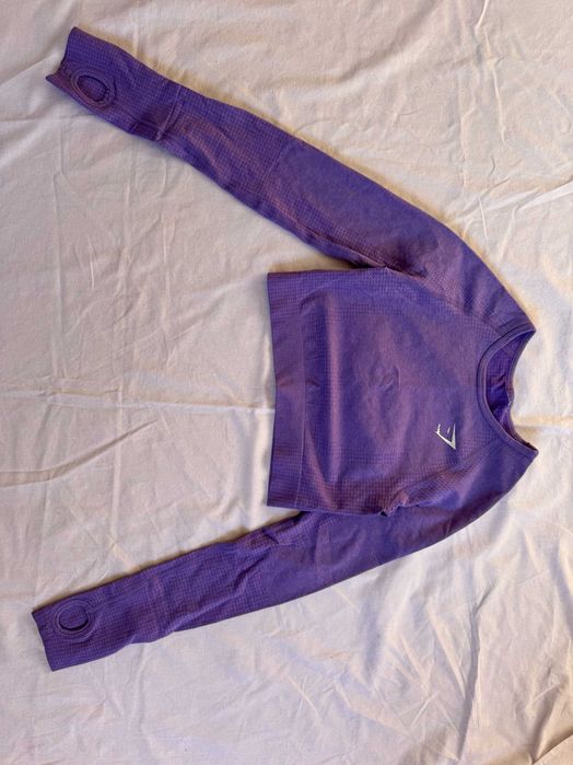 Fioletowy komplet sportowy Gymshark seamless legginsy i crop top xs 34