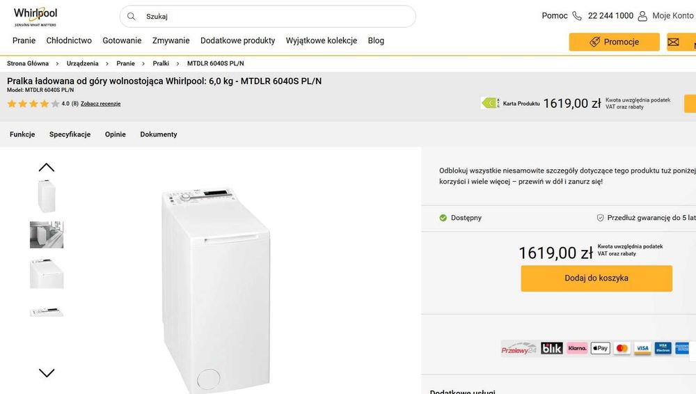 Pralka Whirlpool MTDLR 6040S PL/N – 6 kg