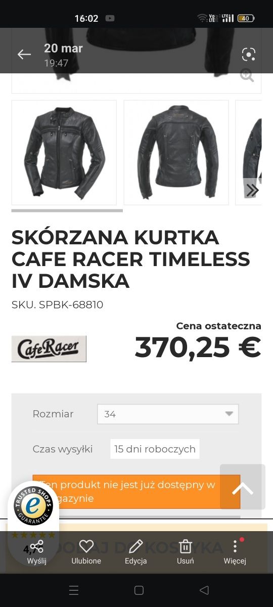 Kurtka damska Cafe Racer Timeless IV roz. XS34