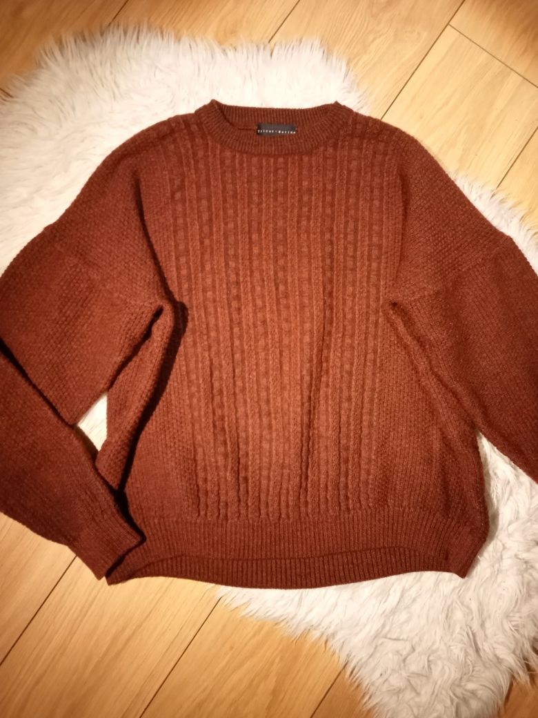 Sweter wełniany 50% wełna pleciony warkocze XL