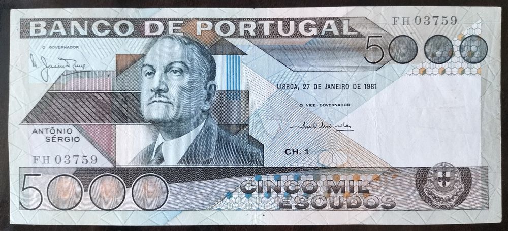 Lote 4 Notas 5000$ 1981 António Sérgio Estado Belas