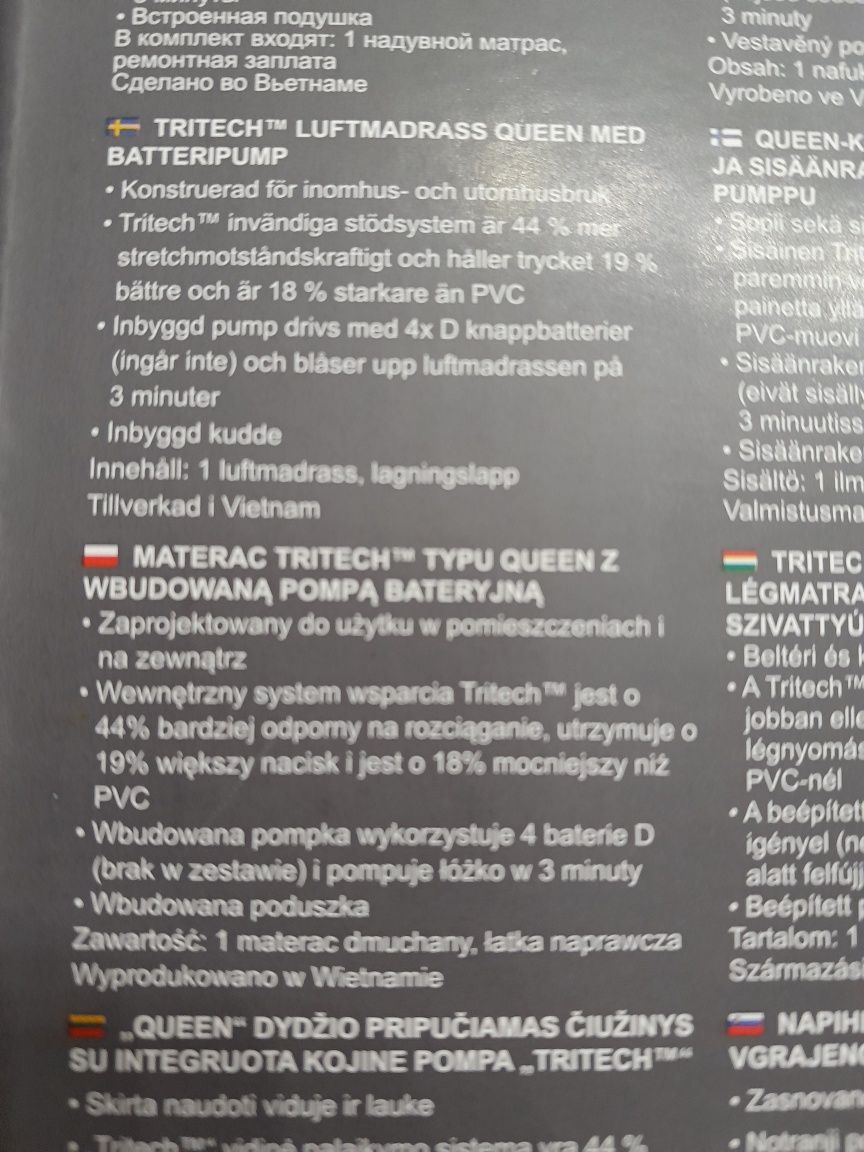 Materac Tritech typu Queen z wbudowaną pompą bateryjną