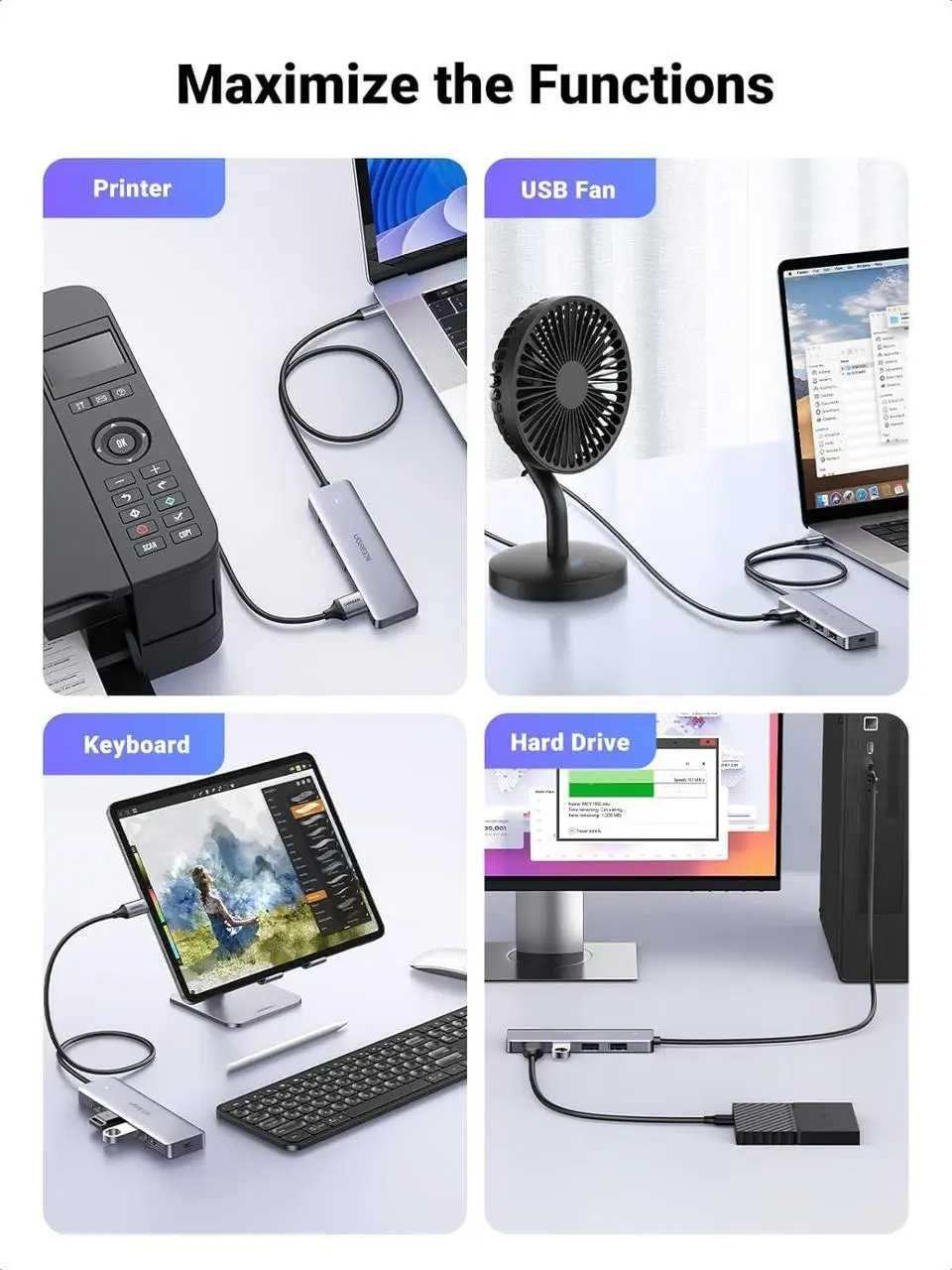 Концентратор 60cm UGREEN CM219 Hub Type-C to 4xUSB 3.0  Gray