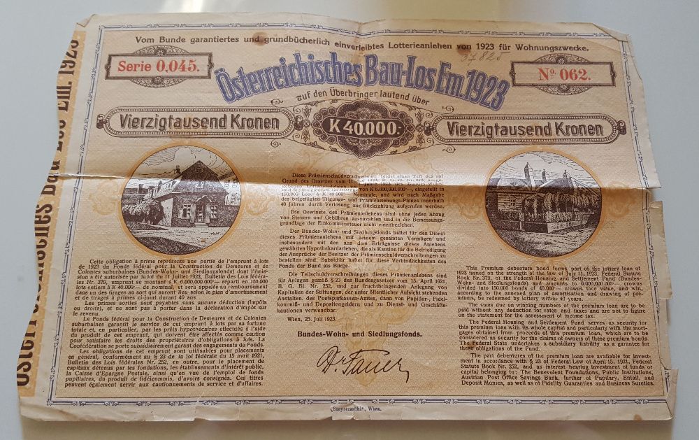 Österreichisches Baulos 40.000 Kronen Wien 1923