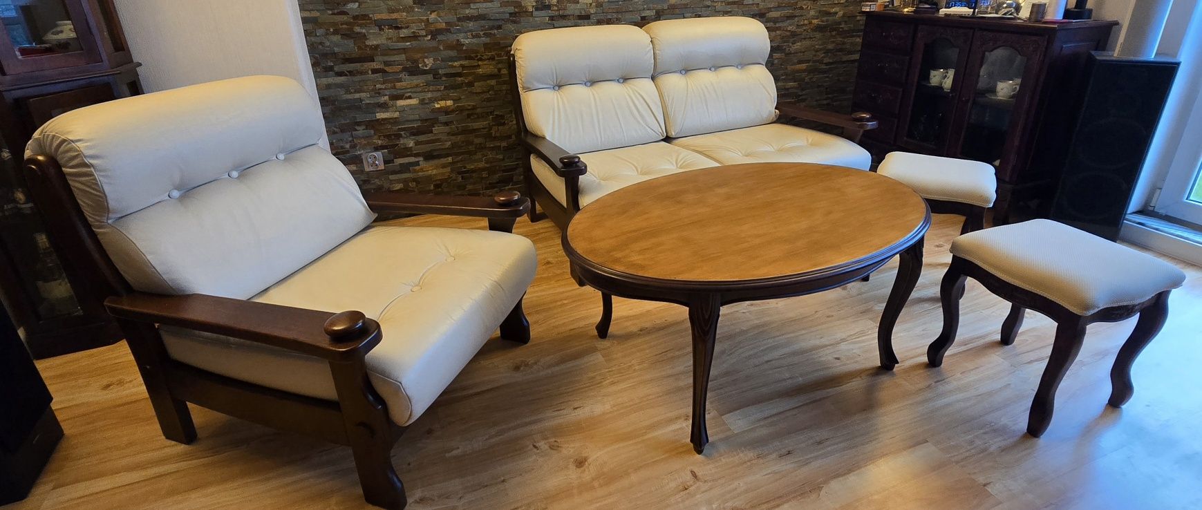 Komplet mebli do salonu 5 elementów skóra naturalna drewno