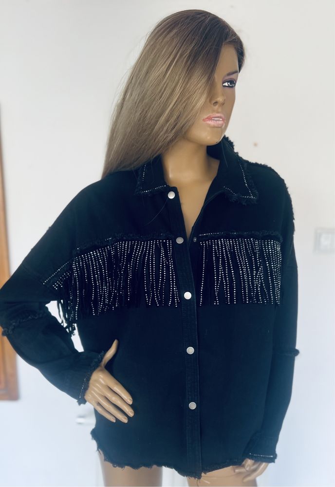 ZARA czarna koszula jeansowa z frędzlami XS oversize