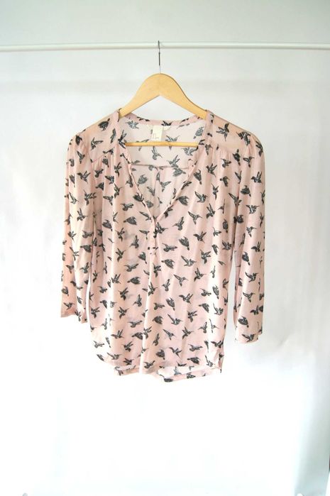 pudrowa jasnoróżowa bluzka z 3/4 rękawem we wzory wzorki H&M 36S