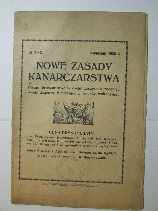 Nowe zasady kanarczarstwa 1930 Sosnowiec kanarki hodowla