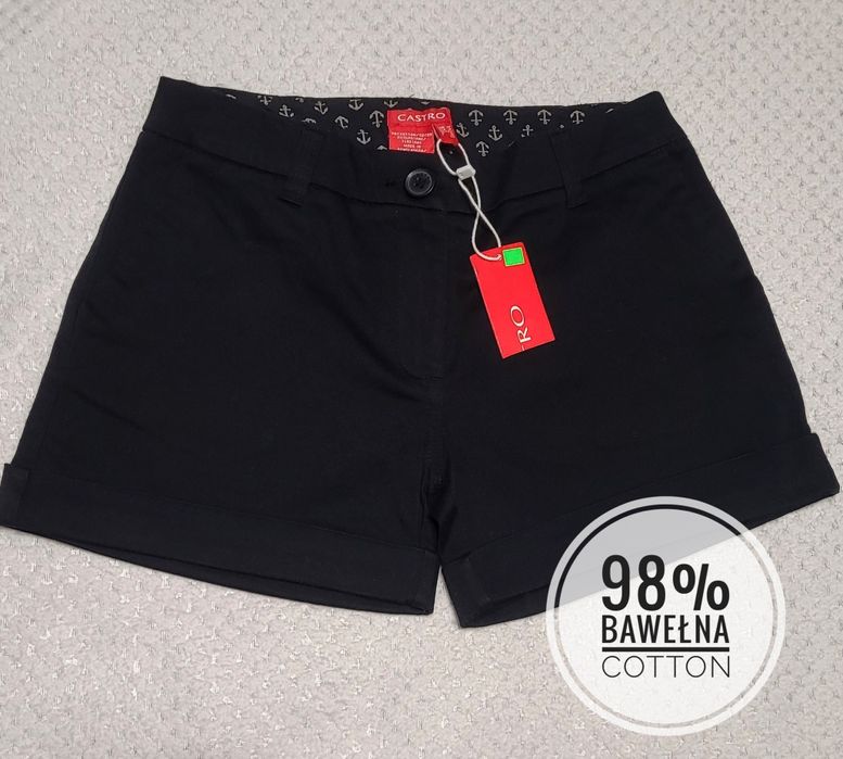 Nowe czarne krótkie spodenki szorty damskie niski stan 98% bawełna XXS
