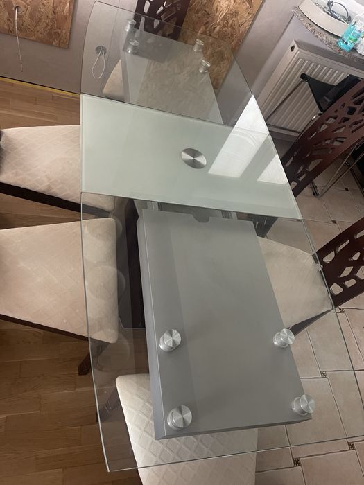 Stół rozkładany szklany 140-180cm + 6 krzeseł