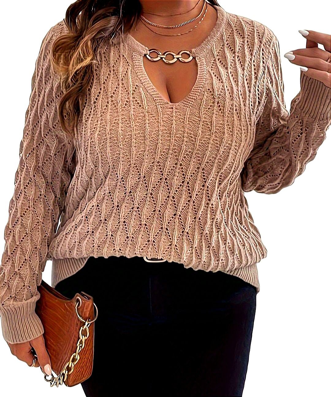 NOWY elegancki ażurowy sweter r. 4 XL z łańcuchem - lotosowy róż