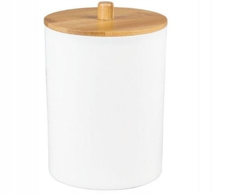 Pojemnik Łazienkowy Na Patyczki Kosmetyczne Biały Z Bambusową Pokrywką