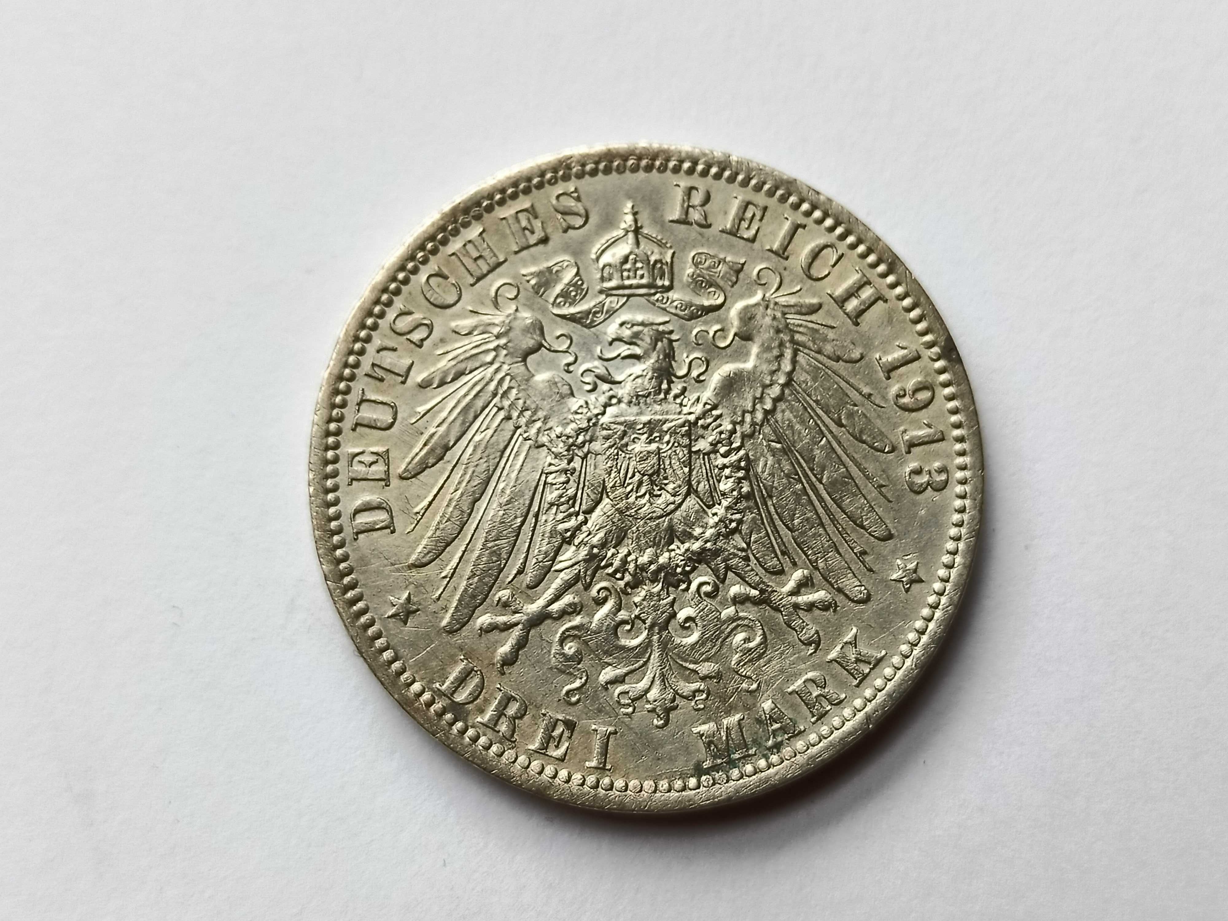 3 Marki 1913 A  - Niemcy- Prusy - Wilhelm ll oryginał Srebro