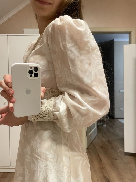 Сукня шифонова бежева квіткова, s, осінь- літо з довгим рукавом