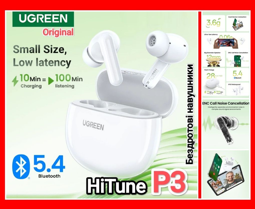 Навушники UGREEN P3 HiTune TWS Білий колір Оригінал Преміум