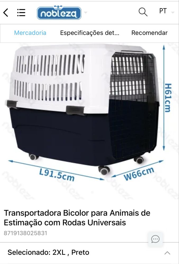 Caixa transportadora para Labrador ou Pastor Alemão
