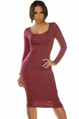 Sukienka midi czerwone wino paski na plecach długi rekaw