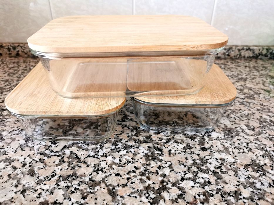 3x Tupperware de vidro com tampas de bambu