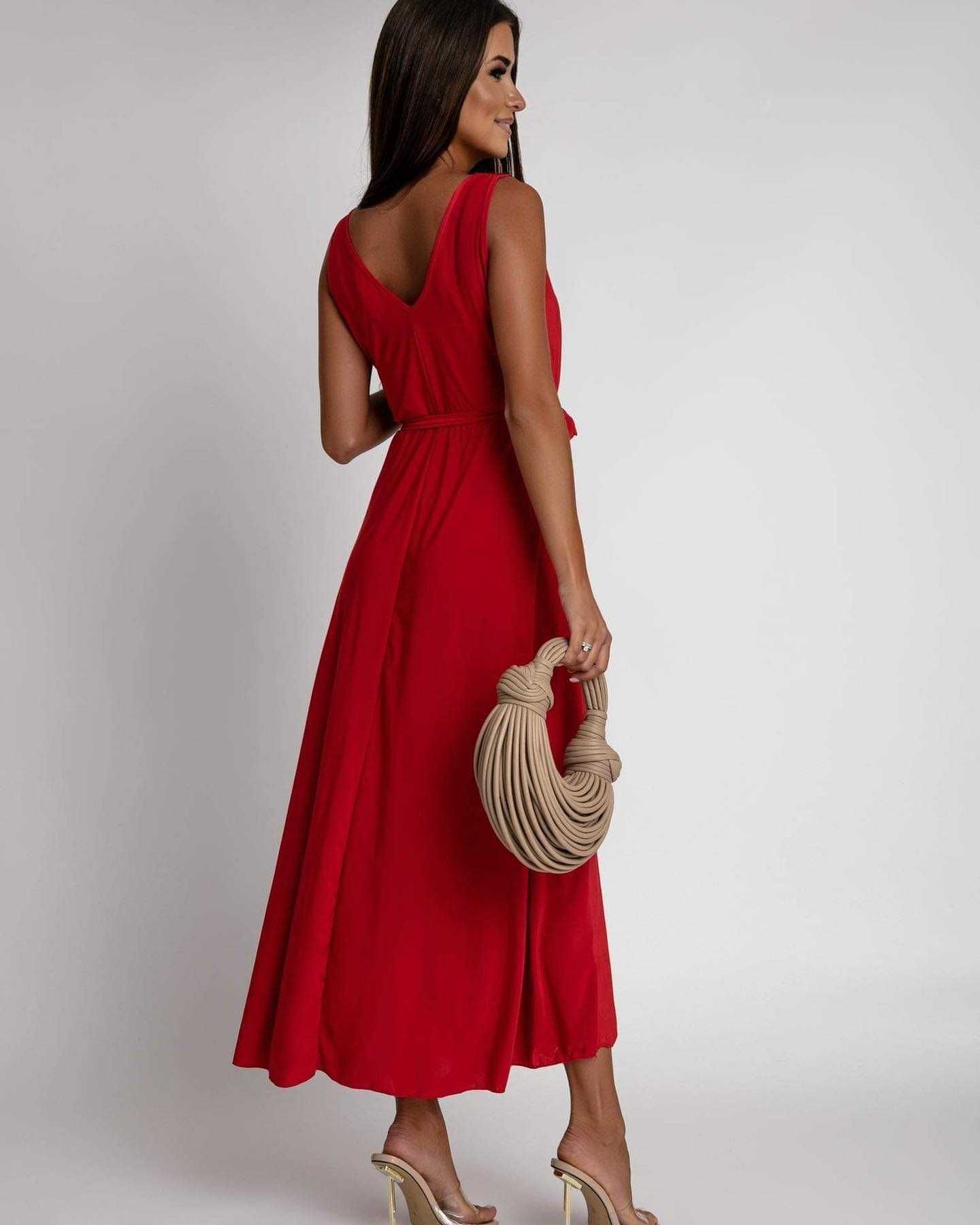 Sukienka czerwona wiązanie długa elegancka