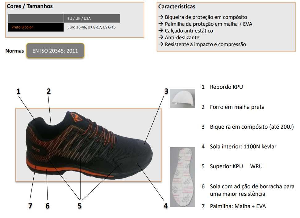 Sapatilha de Segurança S3 Confortável e Isenta de metal.