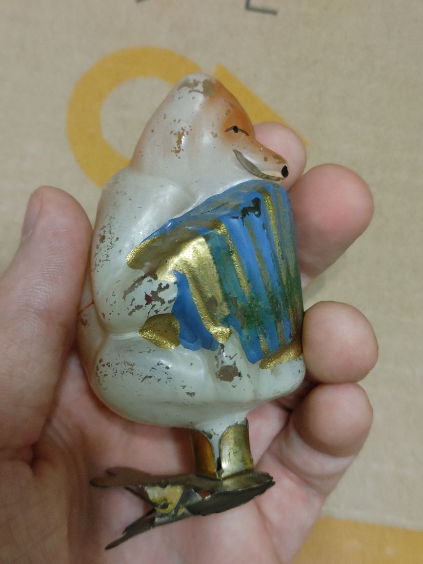 Ёлочная игрушка медведь с гормошкой из СССР старая винтажная