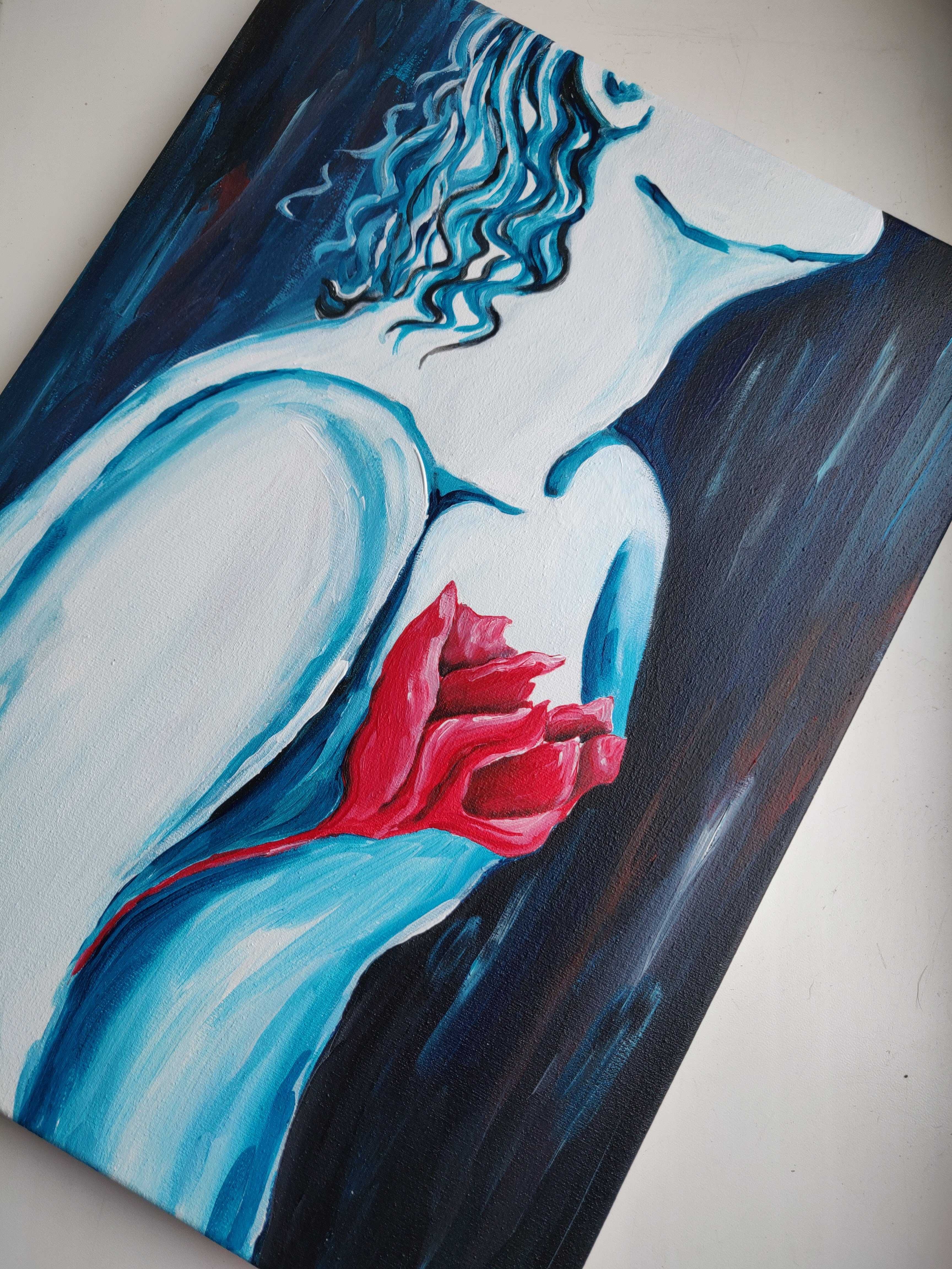 Картина силуэт девушки с цветком. Абстракция. Написана акрилом