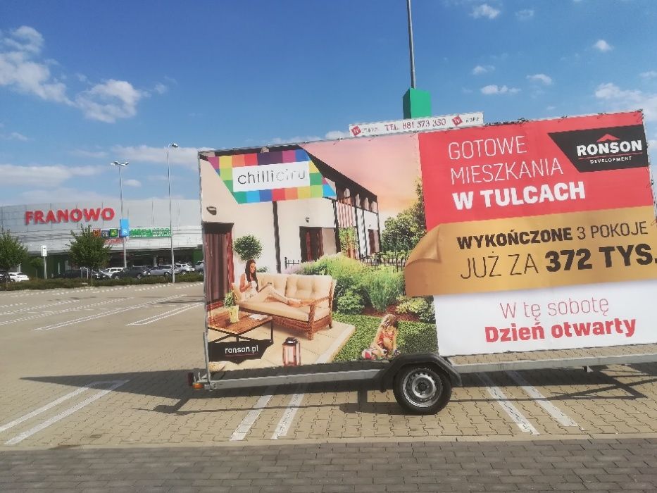 Mobilne przyczepy reklamowe Reklama mobilna Poznań Lawety WYBORY 2024