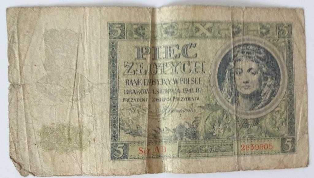 Banknot 5 zł Bank Emisyjny W Polsce Kraków 1 Sierpnia 1941 Seria AD