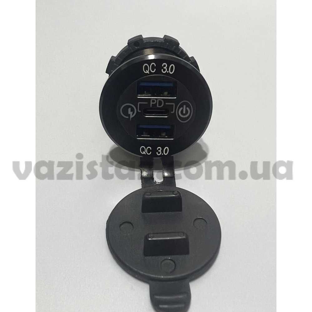 Врезная зарядка в авто на 2 USB + PD Type-C быстрая зарядка 60W металл