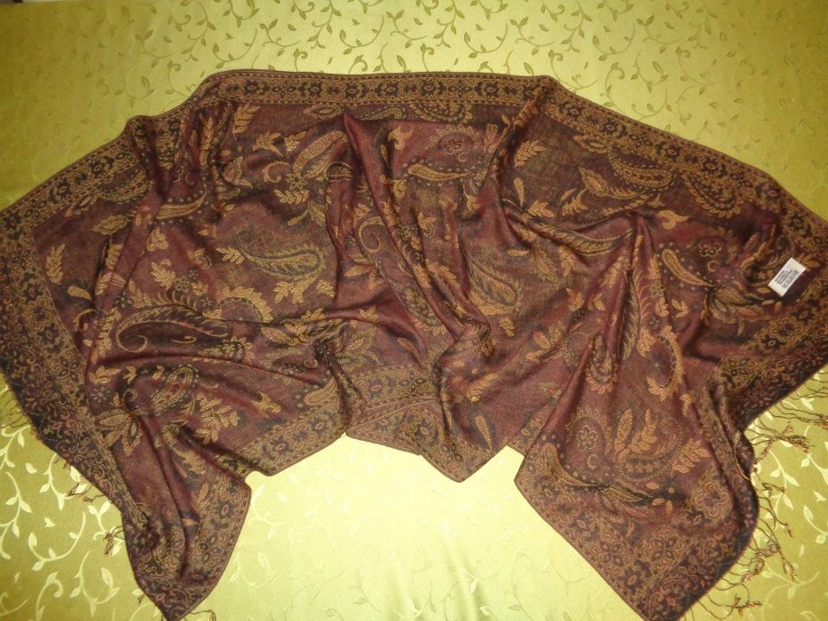 SEIDE i WOOL kaszmirowy brązowy duży szal szalik z frędzlami