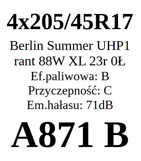 4x 205/45R17 Berlin Summer UHP1 88W 2023r JAK NOWE