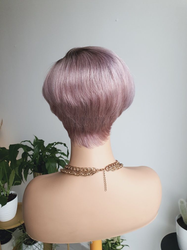 Peruka z włosów naturalnych blond szary fiolet pastelowy róż Felicja