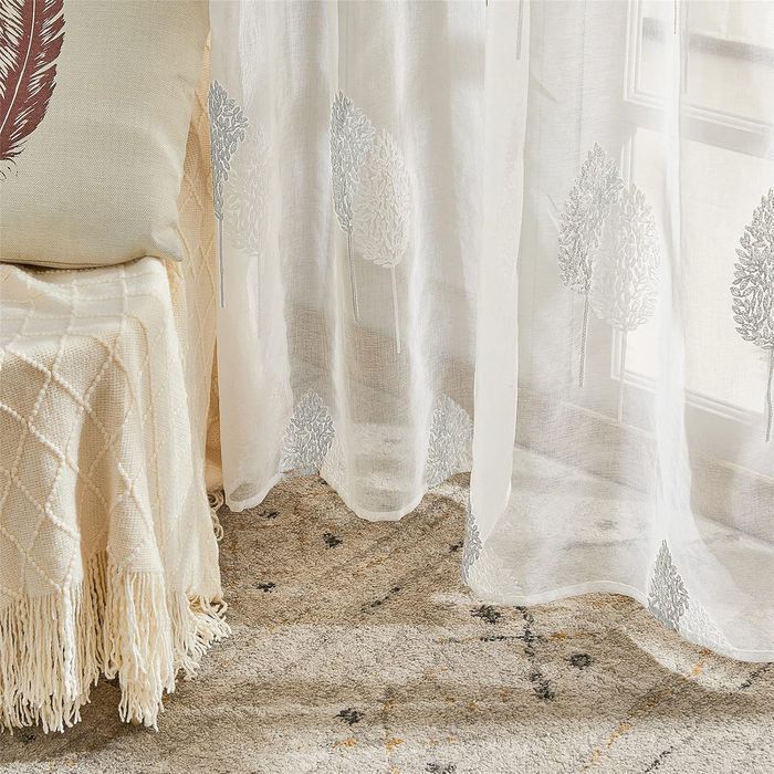 Zasłony Woalowe Haft Liście Białe 245x140 cm 2 sztuki