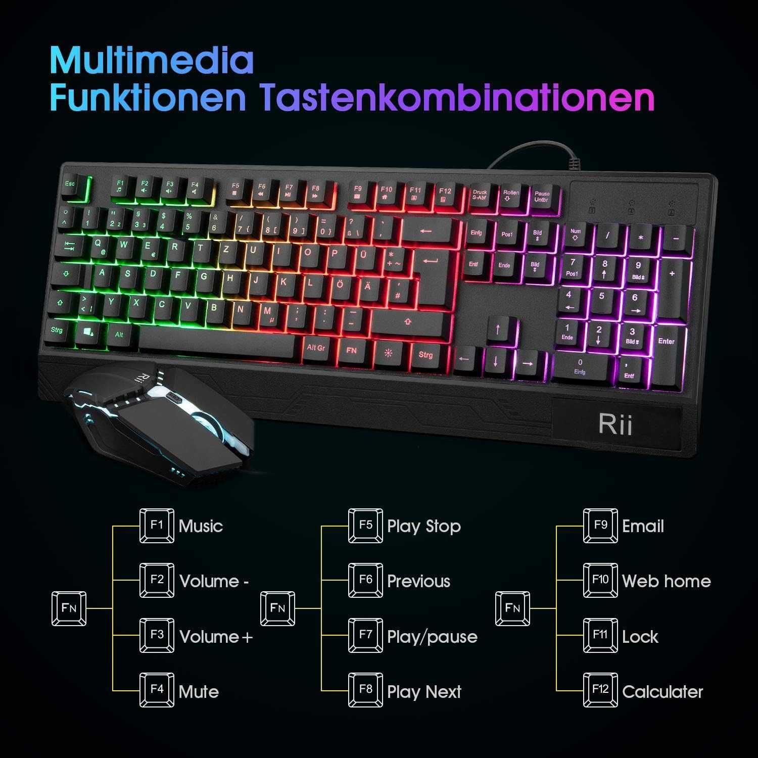 Rii Klawiatura mechaniczna i mysz do gier, podświetlenie RGB QWERTZ