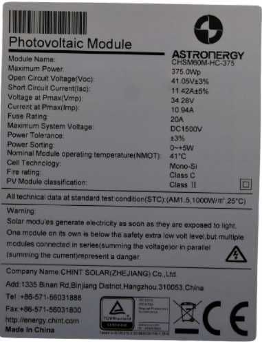 Moduł Fotowoltaiczny ASTRONERGY 375W MONO CHSM60M-HC