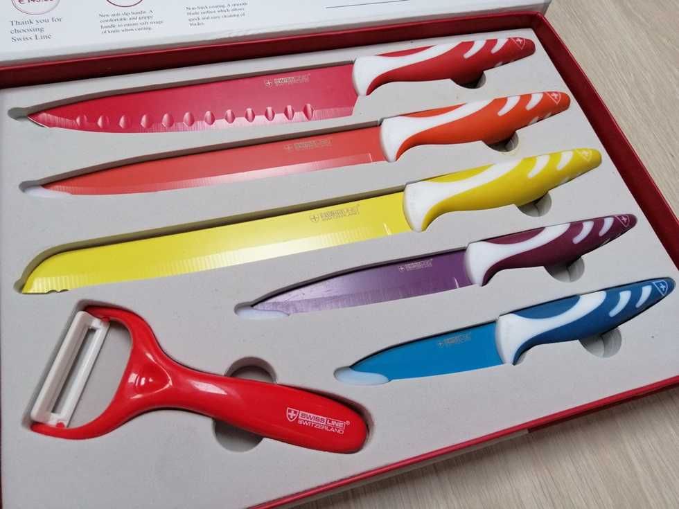 Zestaw szwajcarskich noży kuchennych Swiss. Kolorowe z obieraczką.