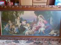Stary  Duży  Obraz Madonna z Dzieciątkiem i Aniołkami  138x70