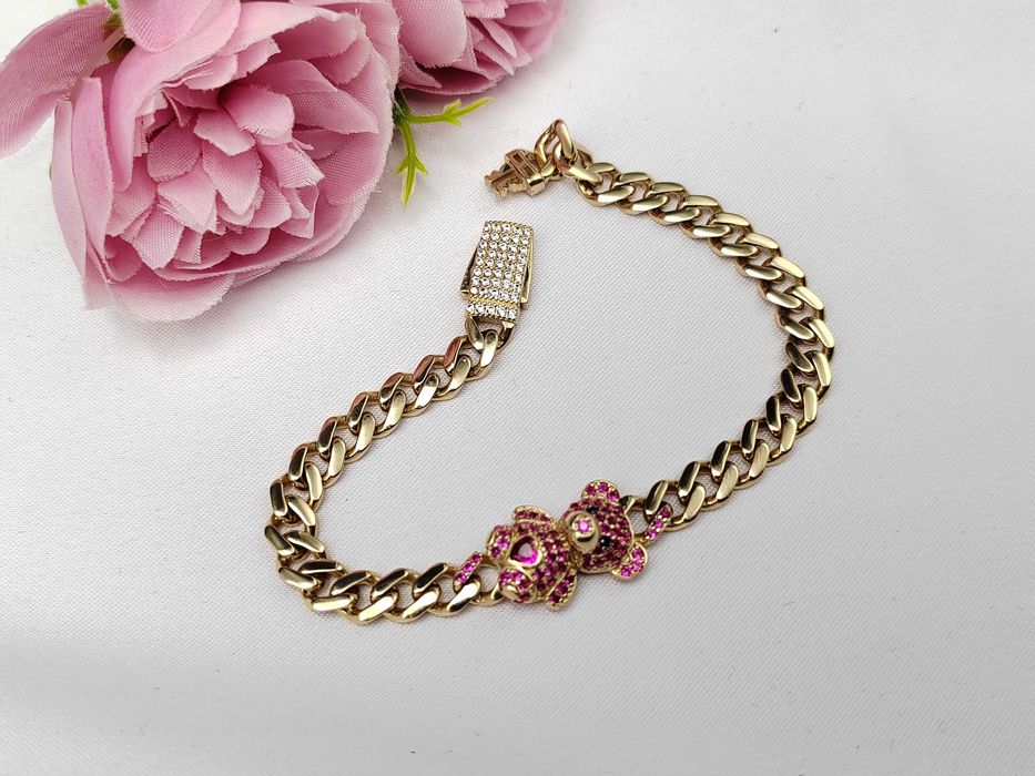 NOWA Złota Bransoletka z Misiem Różowym 17cm / Złoto 585