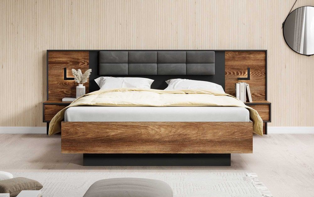 Łóżko MILTON do sypialni STOLIKI LED + STELAŻ GAZOWY 160x210 kasztan