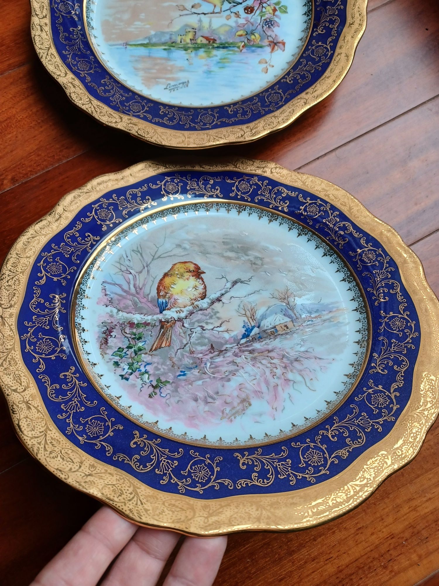 Pratos 25cm porcelana Limoges pintado à mão e ouro