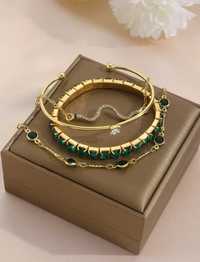 Zestaw Biżuterii Damskiej : 4 Bransoletki Złote z Zielonymi Kamieniami