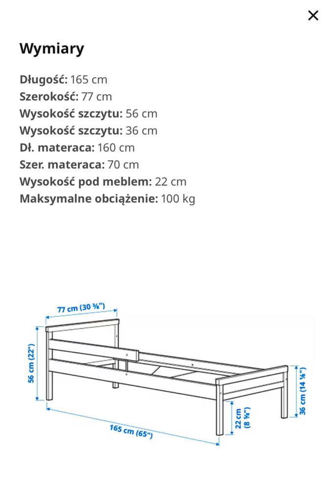 Łóżko Ikea Sniglar z materacem bez barierki 165x77