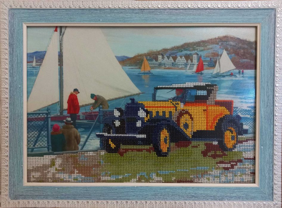 Вышивка бисером в рамке - "Ретро-машина" (элемент декора, картина)