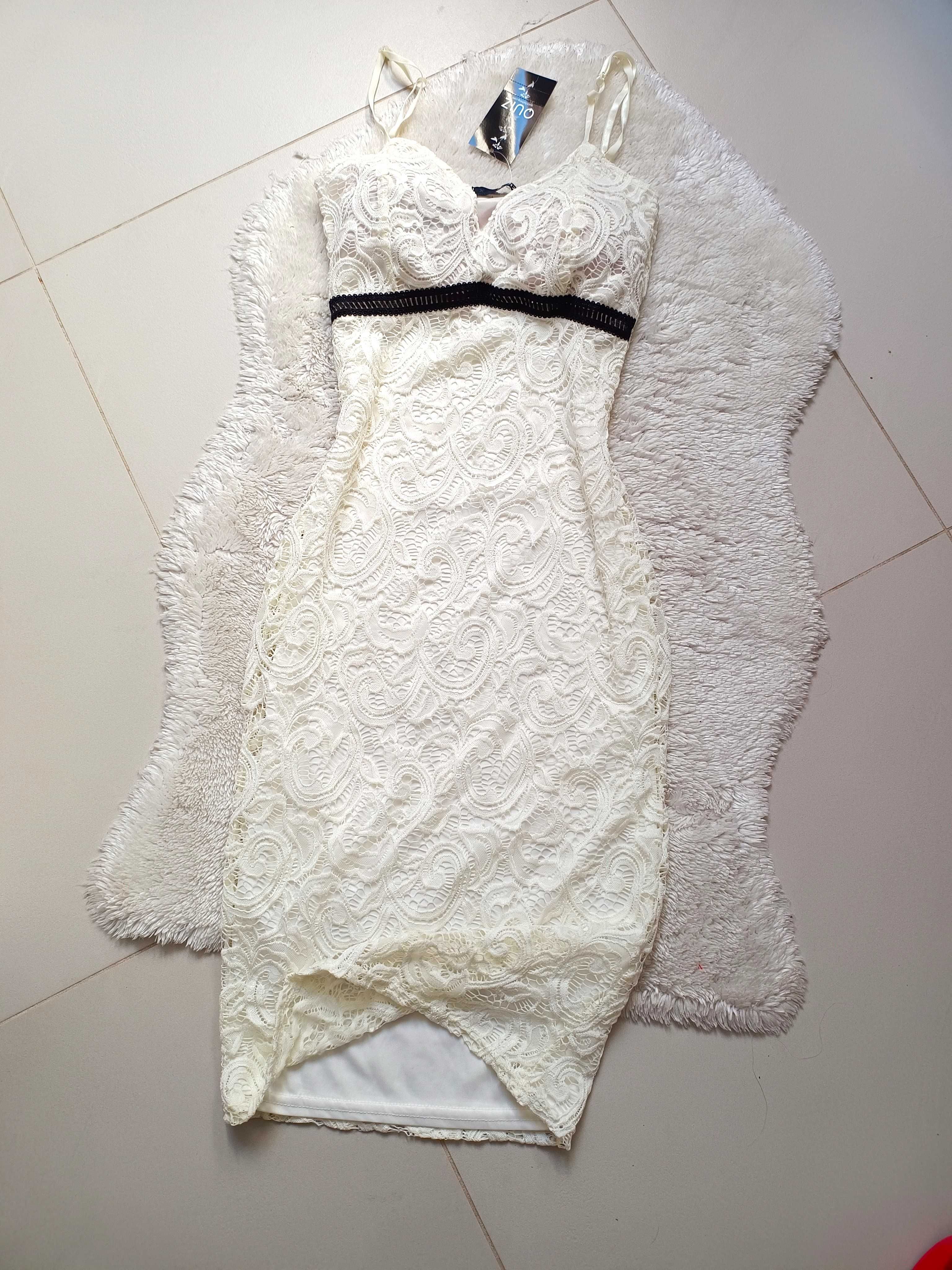 Nowa wieczorowa Sukienka ecru koronkowa mini XS/S 18-stka wesele